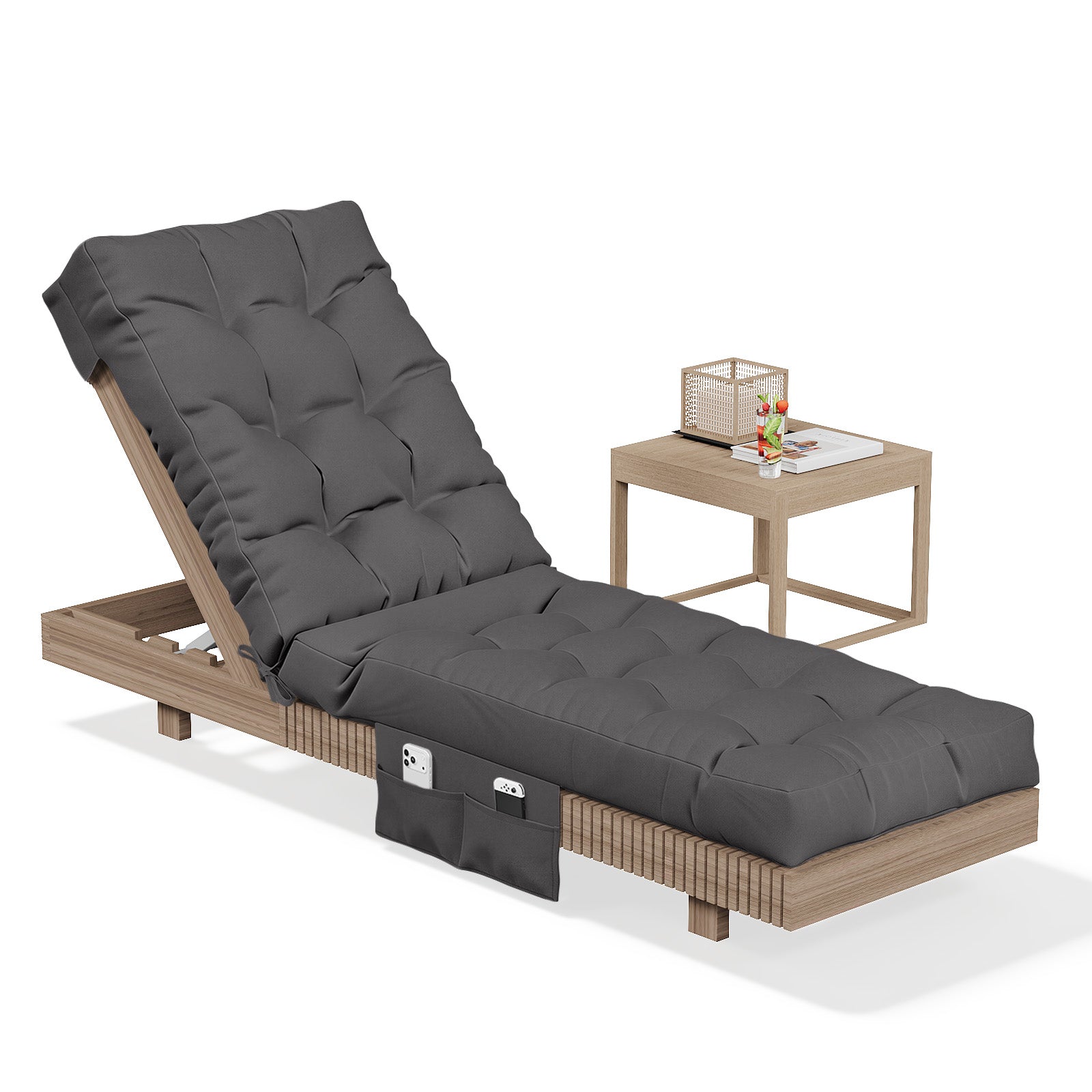 Aoxun Outdoor Chaise Lounge Cushions with Storage Pocket, Waterproof Replacement Patio Lounge Chair Cushion with Ties, Thick Pool Lounger Chair Cushions for Outdoor Furniture