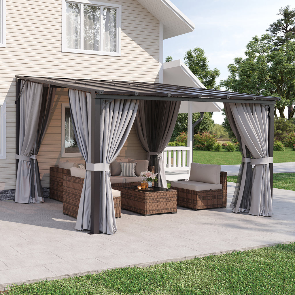 Aoxun 10'x12' Lean to Gazebo with Mosquito Net and Curtains, Aluminum Frame, Polycarbonate Panel, Wall Mounted Pergola with Sloped Roof for Backyard, Porch, Deck, Gray