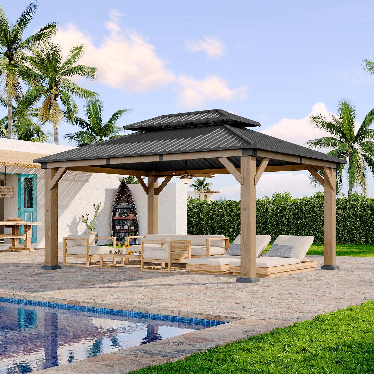 LET’S PATIO  Outdoor Double Roof Wood Gazebo, Hardtop Gazebo Permanent Wooden Pavilion with Galvanized Steel Double Top, for Patio, Garden, Deck