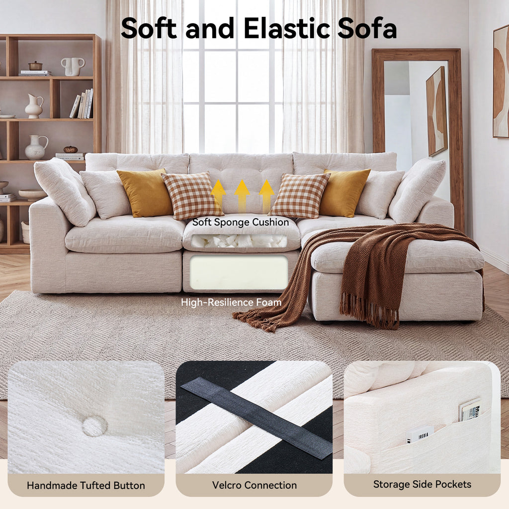 Nordivale 112" Boneless Couch Chenille Cloud Couch Oversized Modular Sectional Sofa with Storage Pockets for Living Room, Bedroom, No Assembly Required, L-shape with Ottoman+3 Seater (Beige)