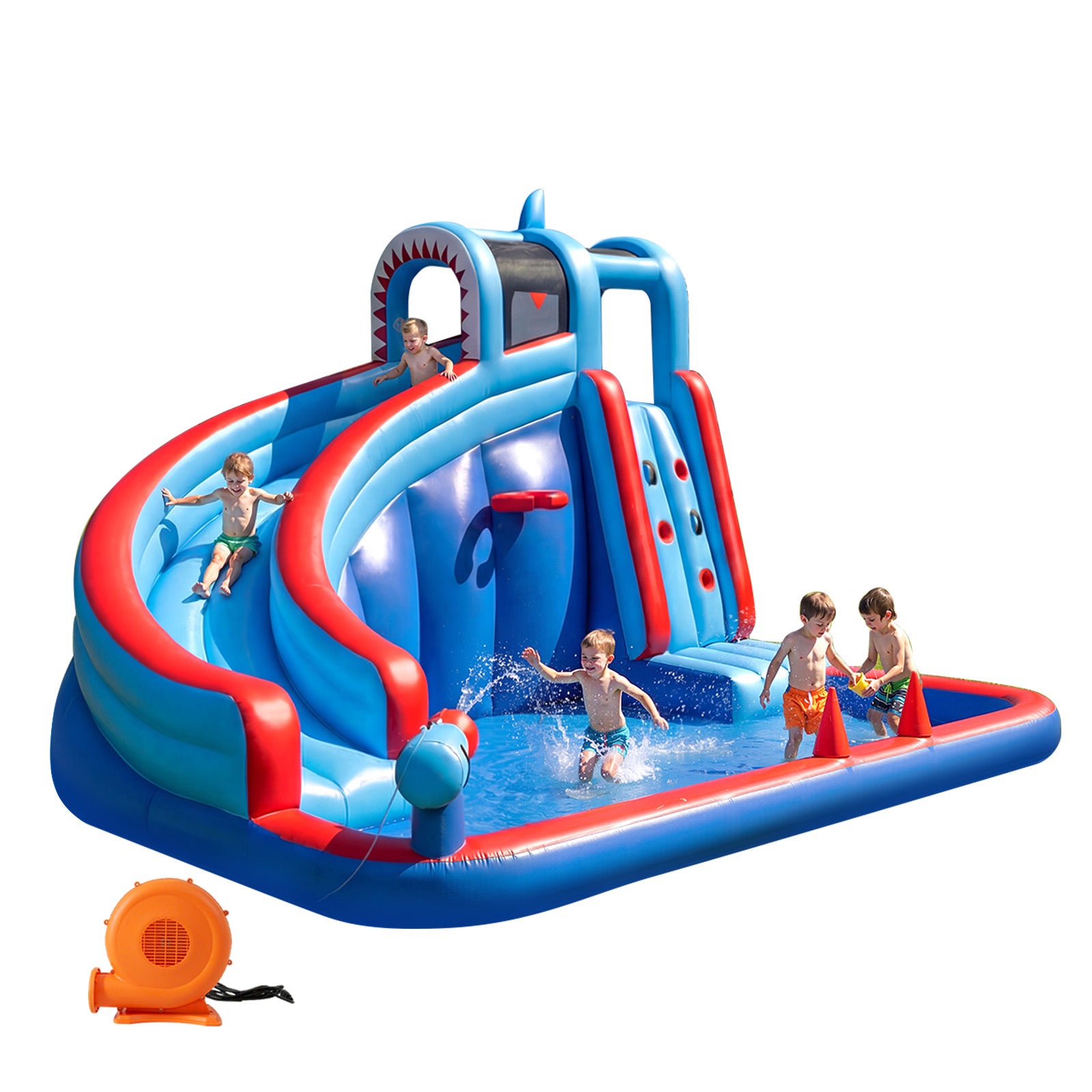 5 in 1n Inflatable Bounce House for Kids with Water Slide, Climbing Wall, Splash Pool, Water Cannon, Basketball Rim, with 450W Blower, for Indoor and Outdoor Activities