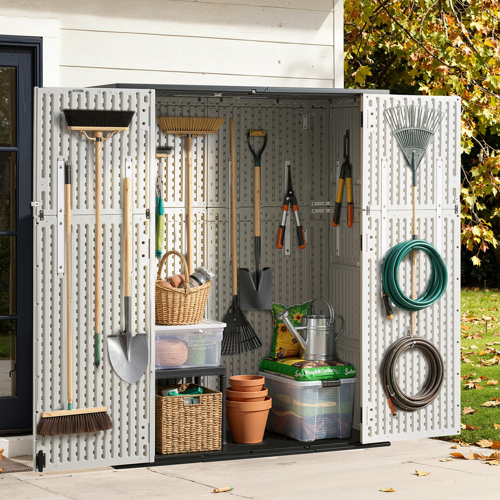 Breezestival 61 Cu.Ft Outdoor Storage Shed, Widened Outdoor Storage Cabinet Waterproof Vertical Resin Shed with Floor for Patio, Garden Tools, Pool Equipment, Easy to Assemble (White)