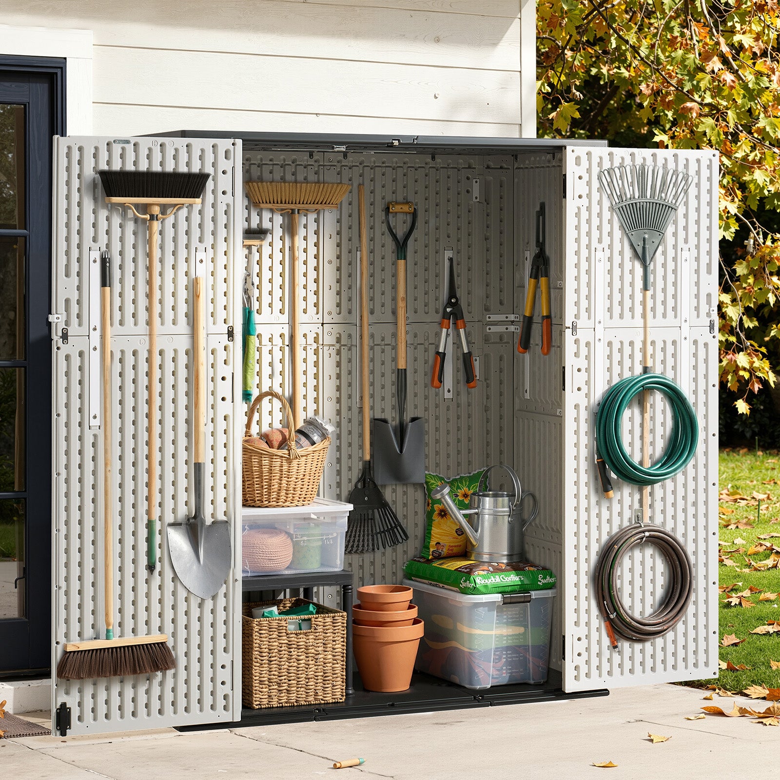 Breezestival 61 Cu.Ft Outdoor Storage Shed, Widened Outdoor Storage Cabinet Waterproof Vertical Resin Shed with Floor for Patio, Garden Tools, Pool Equipment, Easy to Assemble (White)