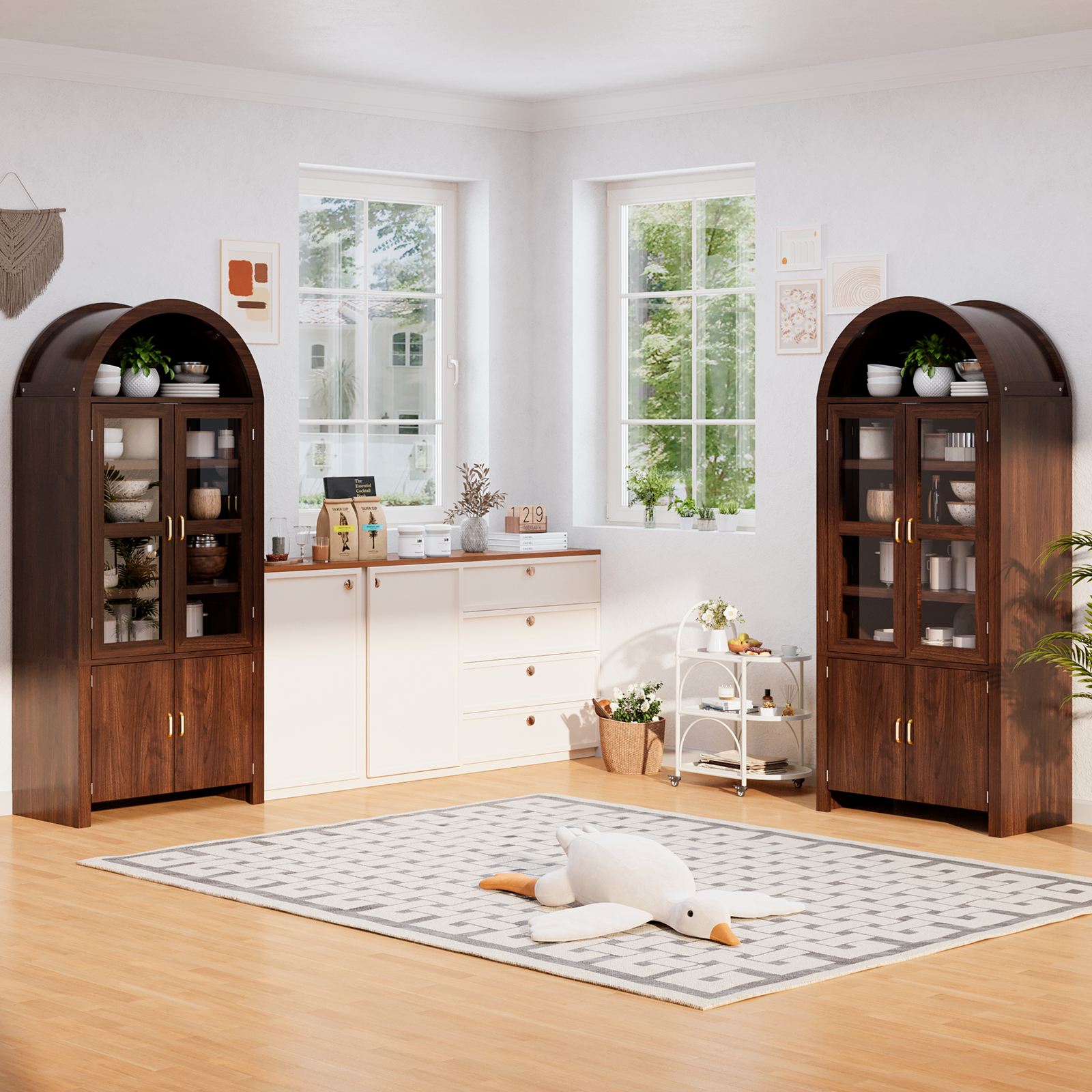 Tall Arched Kitchen Pantry, Modern Farmhouse Wood Kitchens Storage Cabinets