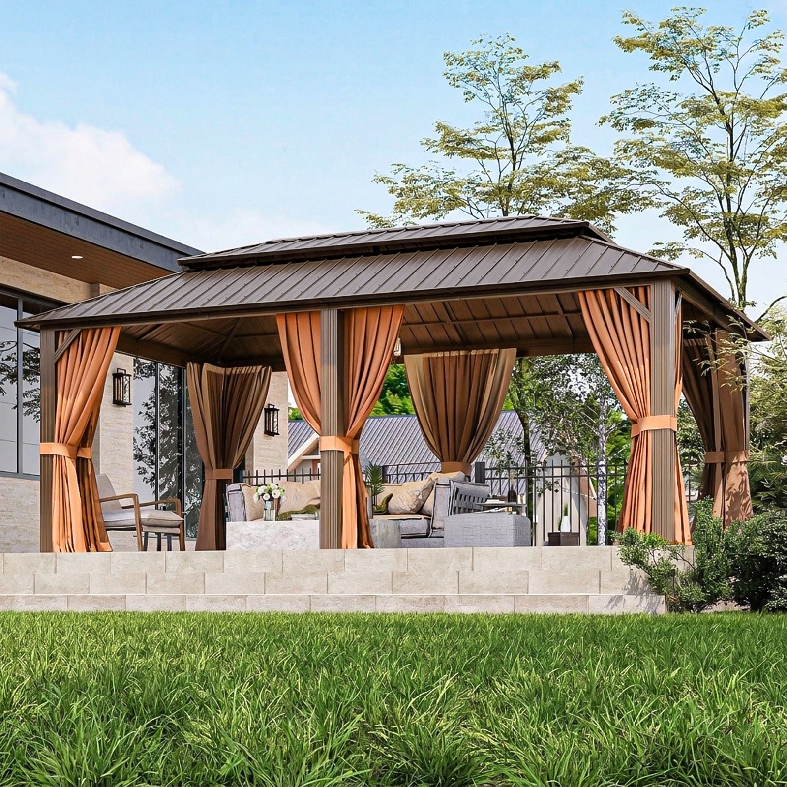 Breezestival Hardtop Gazebo, Metal Frame with Double Galvanized Steel Roof, Permanent Outdoor Pergola with Curtains and Netting Included for Backyard, Patio, Lawn and Garden