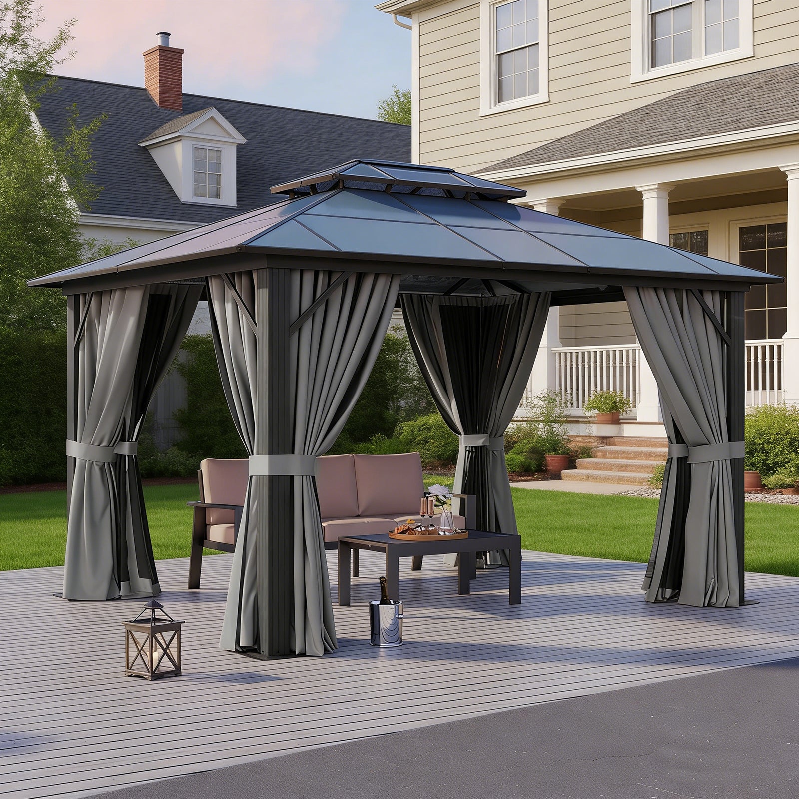 Breezestival 10'x12' Hardtop Gazebo Outdoor Permanent Gazebo with Double Polycarbonate Roof Canopy, Aluminum Frame Permanent Pavilion with Curtains and Netting for Patio,Garden,Lawns