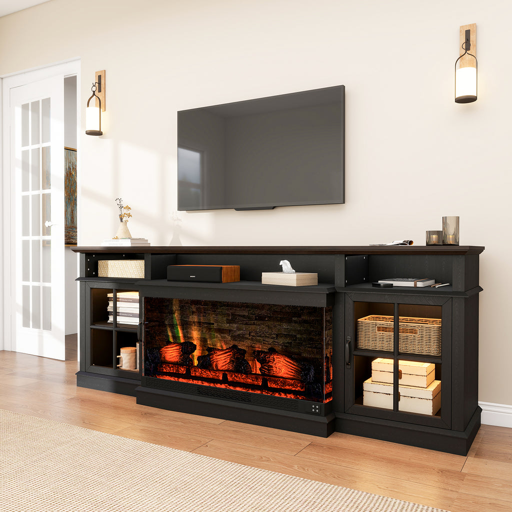 70 inch Fireplace TV Stand for TVs up to 80" with Electric Fireplace, Farmhouse Media Entertainment Center with LED Lights and Glass Door, Modern TV Consoles for Living Room, Black