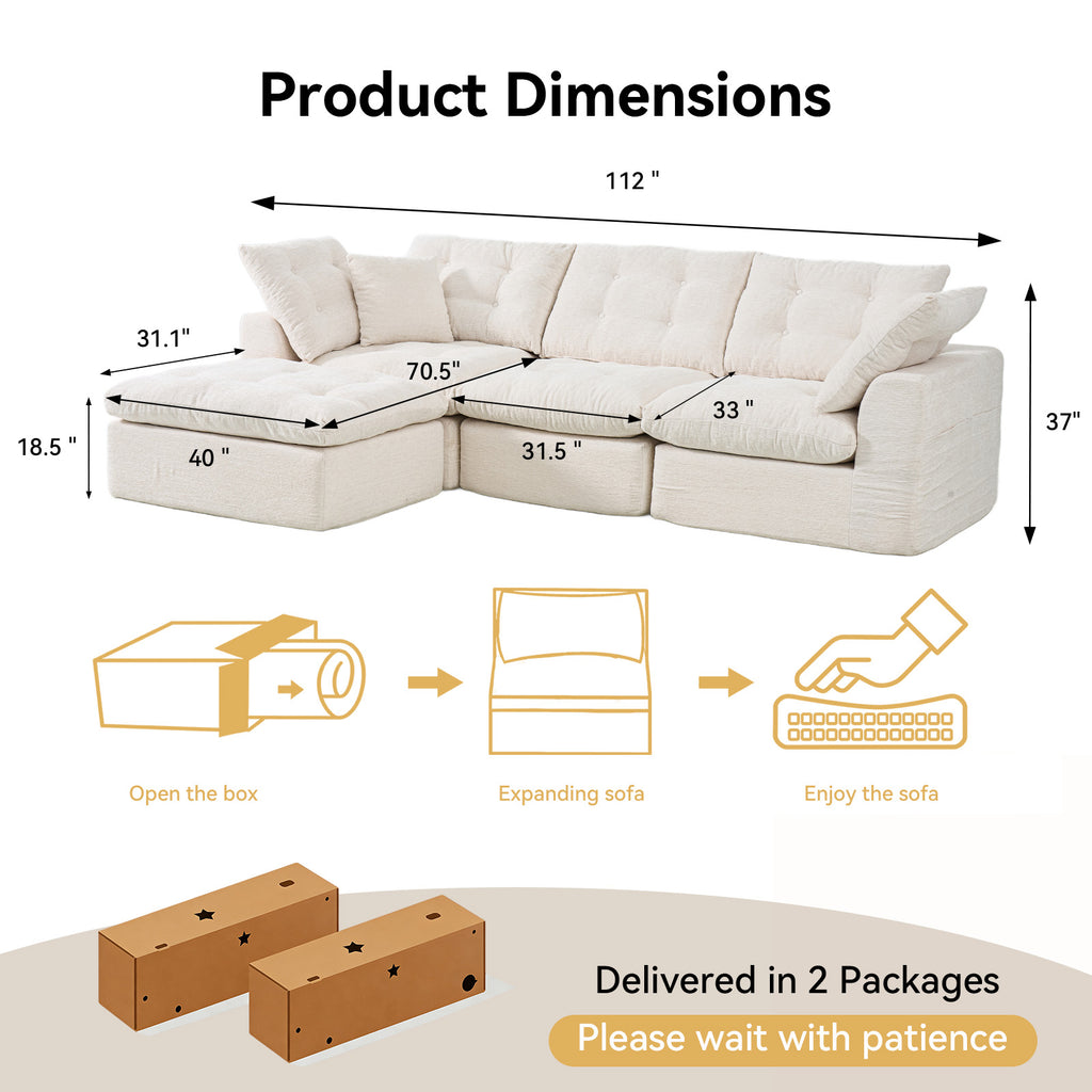 Nordivale 112" Boneless Couch Chenille Cloud Couch Oversized Modular Sectional Sofa with Storage Pockets for Living Room, Bedroom, No Assembly Required, L-shape with Ottoman+3 Seater (Beige)