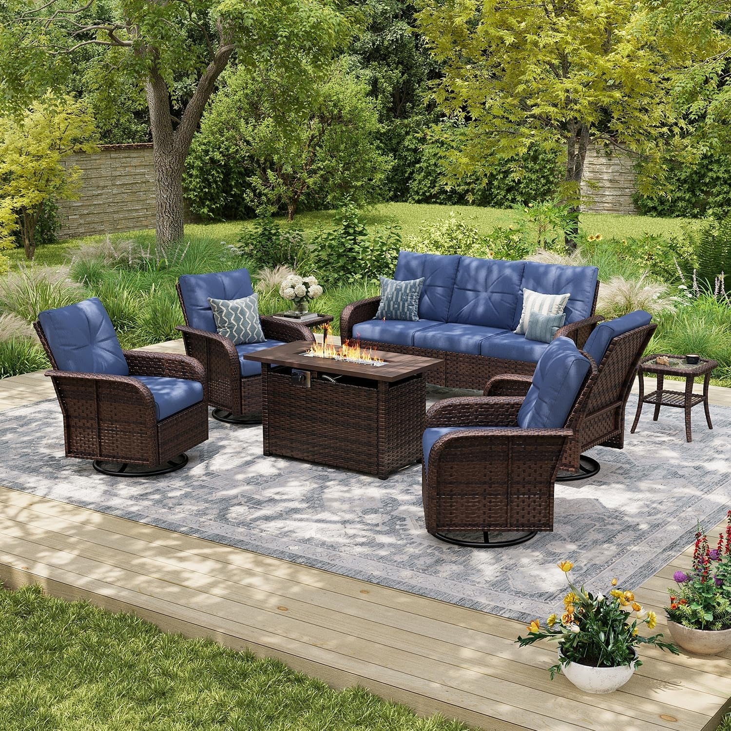 LET'S PATIO Luxury Furniture Set with 44'' Fire Pit Table, 12 Piece Outdoor Furniture Set with  360° Swivel Chairs, Rattan Outdoor Sectional Sofa with Thickened Cushion & Waterproof Cover