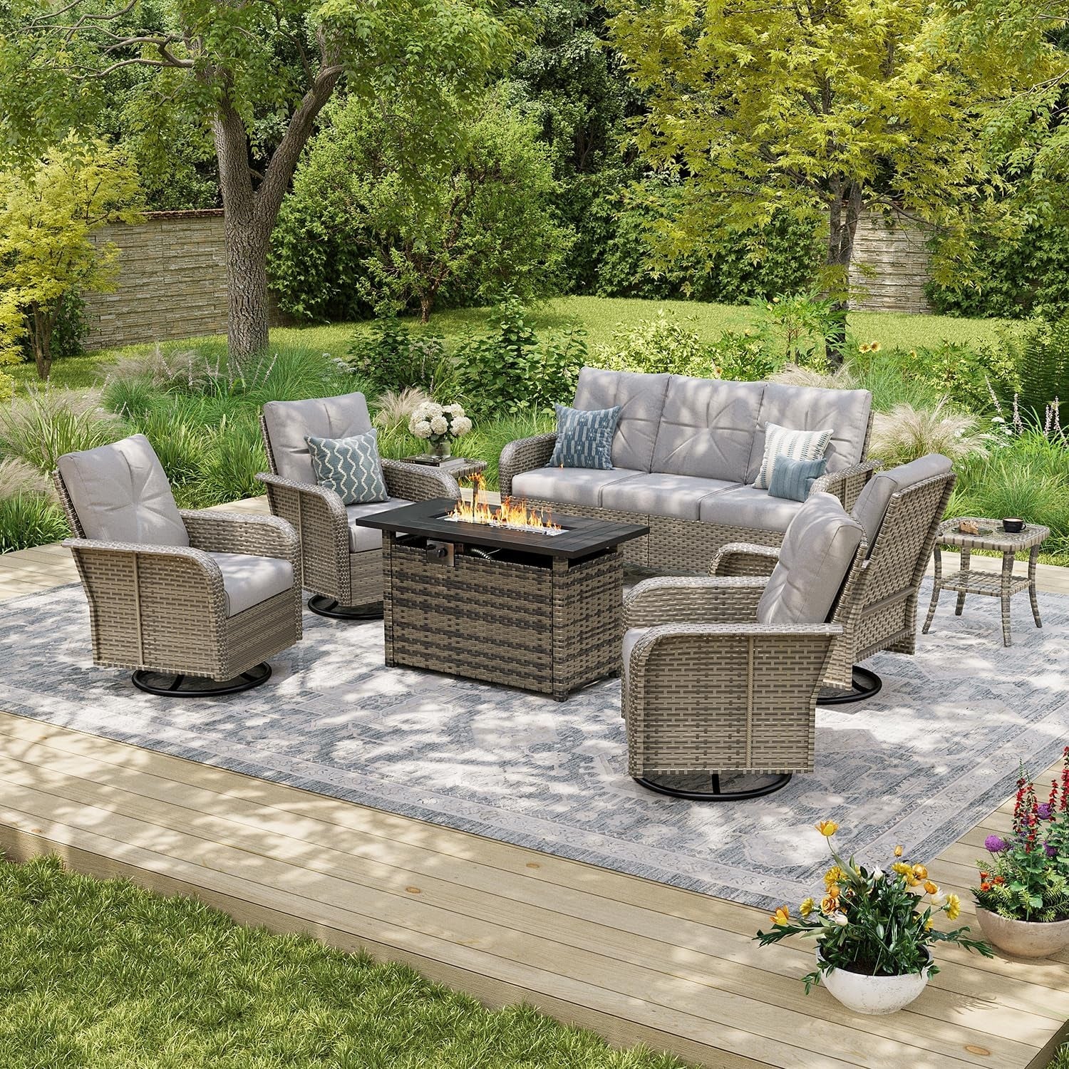 LET'S PATIO Luxury Furniture Set with 44'' Fire Pit Table, 12 Piece Outdoor Furniture Set with  360° Swivel Chairs, Rattan Outdoor Sectional Sofa with Thickened Cushion & Waterproof Cover