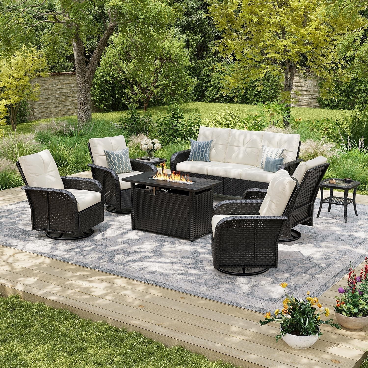 LET'S PATIO Luxury Furniture Set with 44'' Fire Pit Table, 12 Piece Outdoor Furniture Set with  360° Swivel Chairs, Rattan Outdoor Sectional Sofa with Thickened Cushion & Waterproof Cover