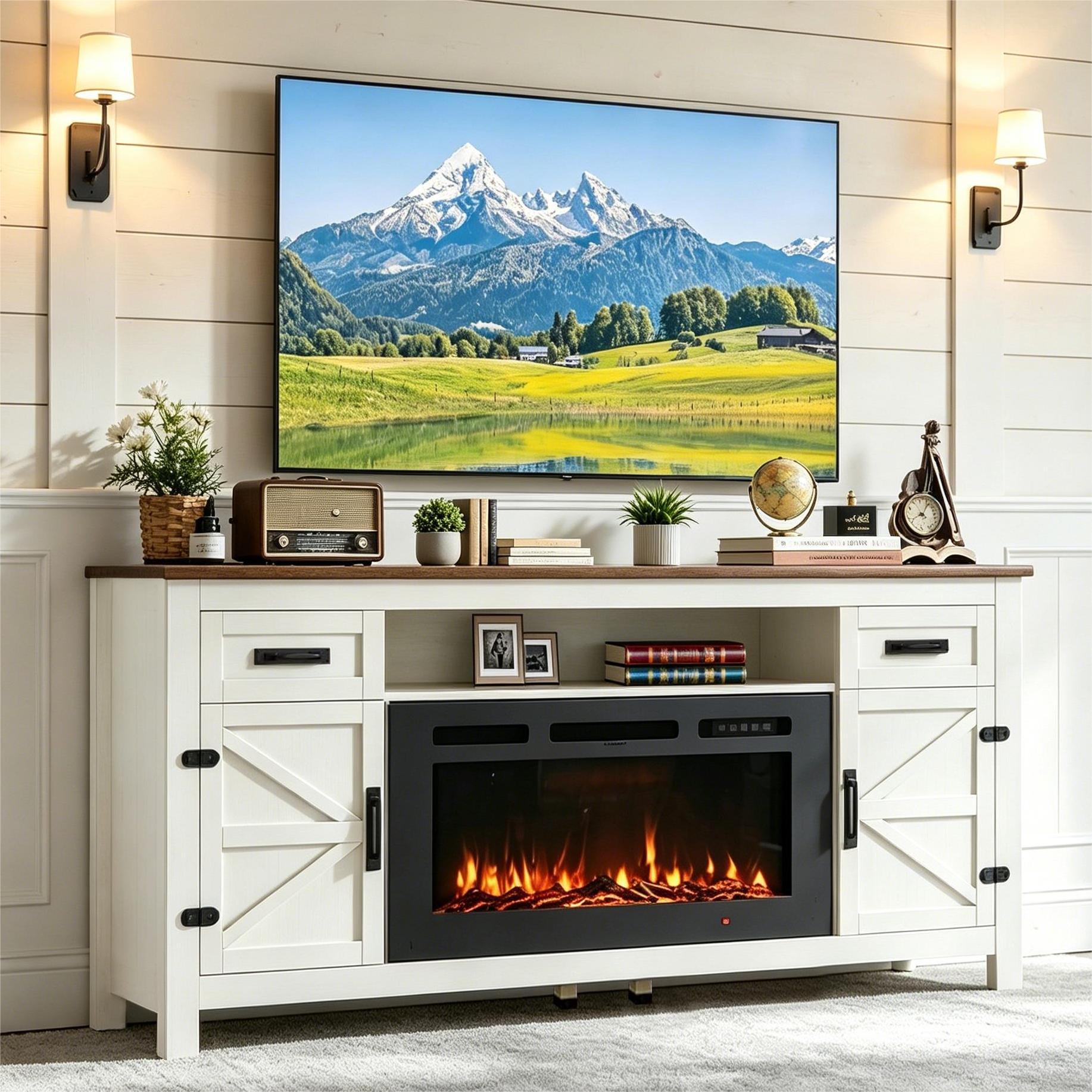Nordivale 70 inch Fireplace TV Stand with Barn Door for TVs up to 80", Farmhouse Fireplace Entertainment Center with Storage Cabinets, White TV Stand and Black Fireplace