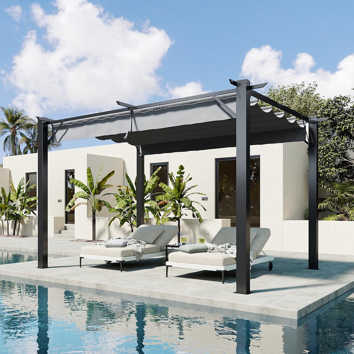 Aoxun 10'x12' Retractable Pergola, Heavy Duty Metal Frame Outdoor Pergola with Adjustable Sun Shade Canopy, Multi-Purpose Grape Trellis Shelter for Backyard, Garden, Deck, Patio & Lawn,Gray