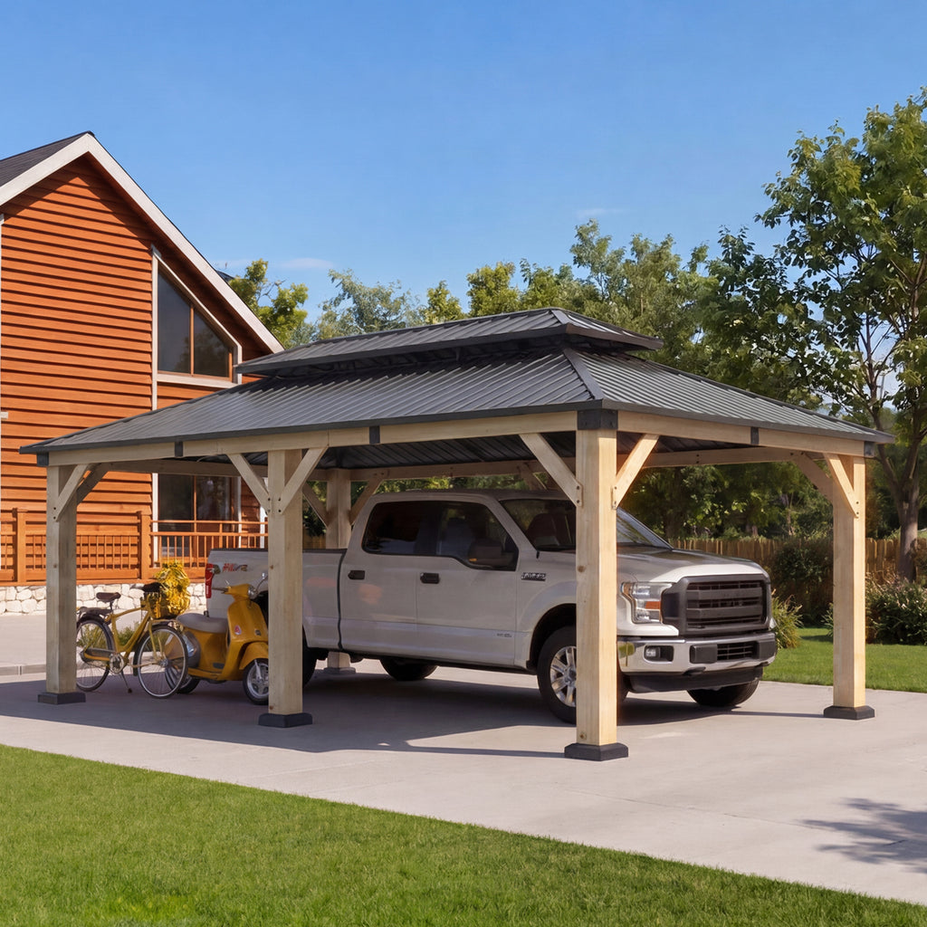 Aoxun 12x20 FT Cedar Wood Carport, Double Galvanized Steel Roof + Outlet, Outdoor Hardtop Gazeboo | 4.7" x 4.7" Thickened Posts | Cedar Wood | Sturdy Hooks | Sturdy Shelter for 2 Cars