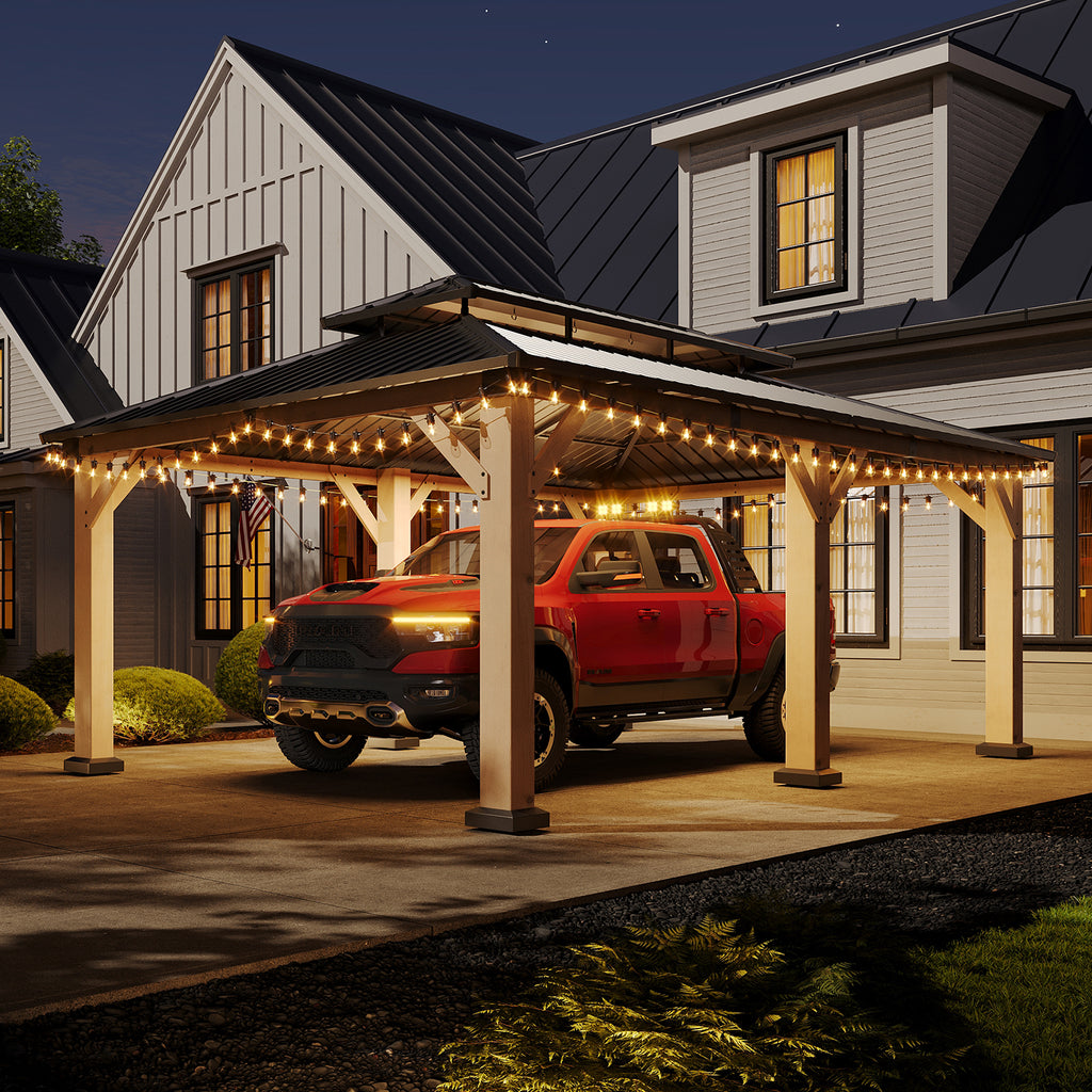 Aoxun 12x20 FT Cedar Wood Carport, Double Galvanized Steel Roof + Outlet, Outdoor Hardtop Gazeboo | 4.7" x 4.7" Thickened Posts | Cedar Wood | Sturdy Hooks | Sturdy Shelter for 2 Cars