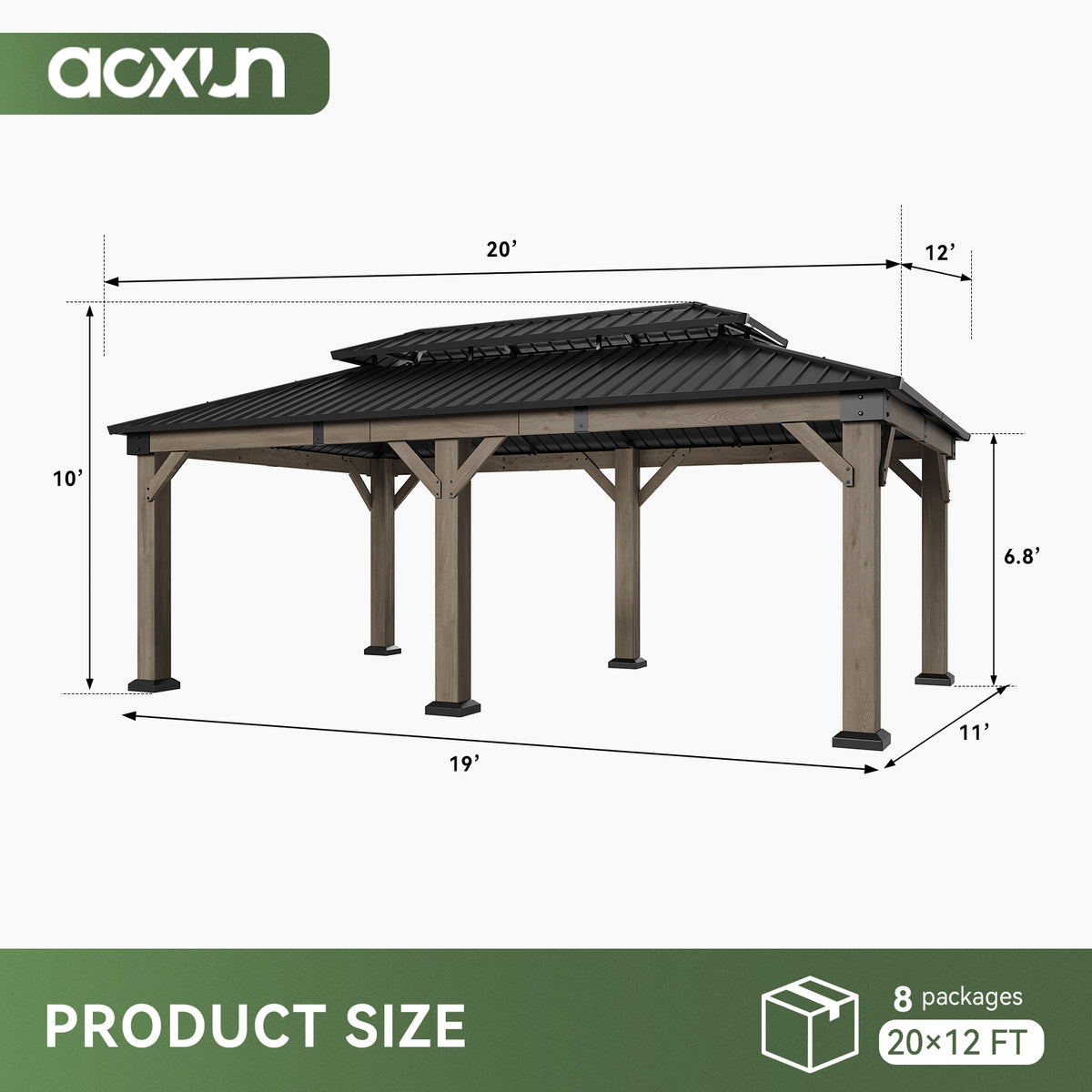 Aoxun 12x20 FT Cedar Wood Carport, Double Galvanized Steel Roof + Outlet, Outdoor Hardtop Gazeboo | 4.7" x 4.7" Thickened Posts | Cedar Wood | Sturdy Hooks | Sturdy Shelter for 2 Cars