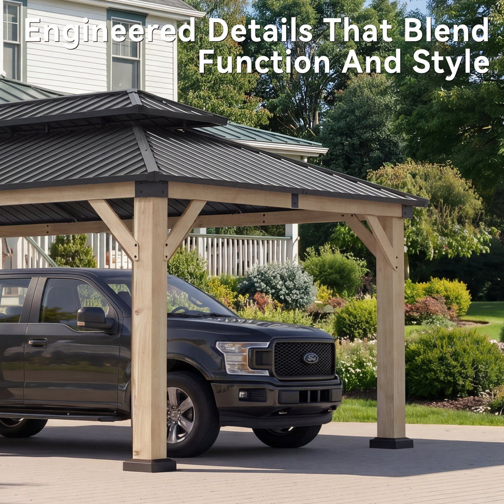 Aoxun 12x20 FT Cedar Wood Carport, Double Galvanized Steel Roof + Outlet, Outdoor Hardtop Gazeboo | 4.7" x 4.7" Thickened Posts | Cedar Wood | Sturdy Hooks | Sturdy Shelter for 2 Cars