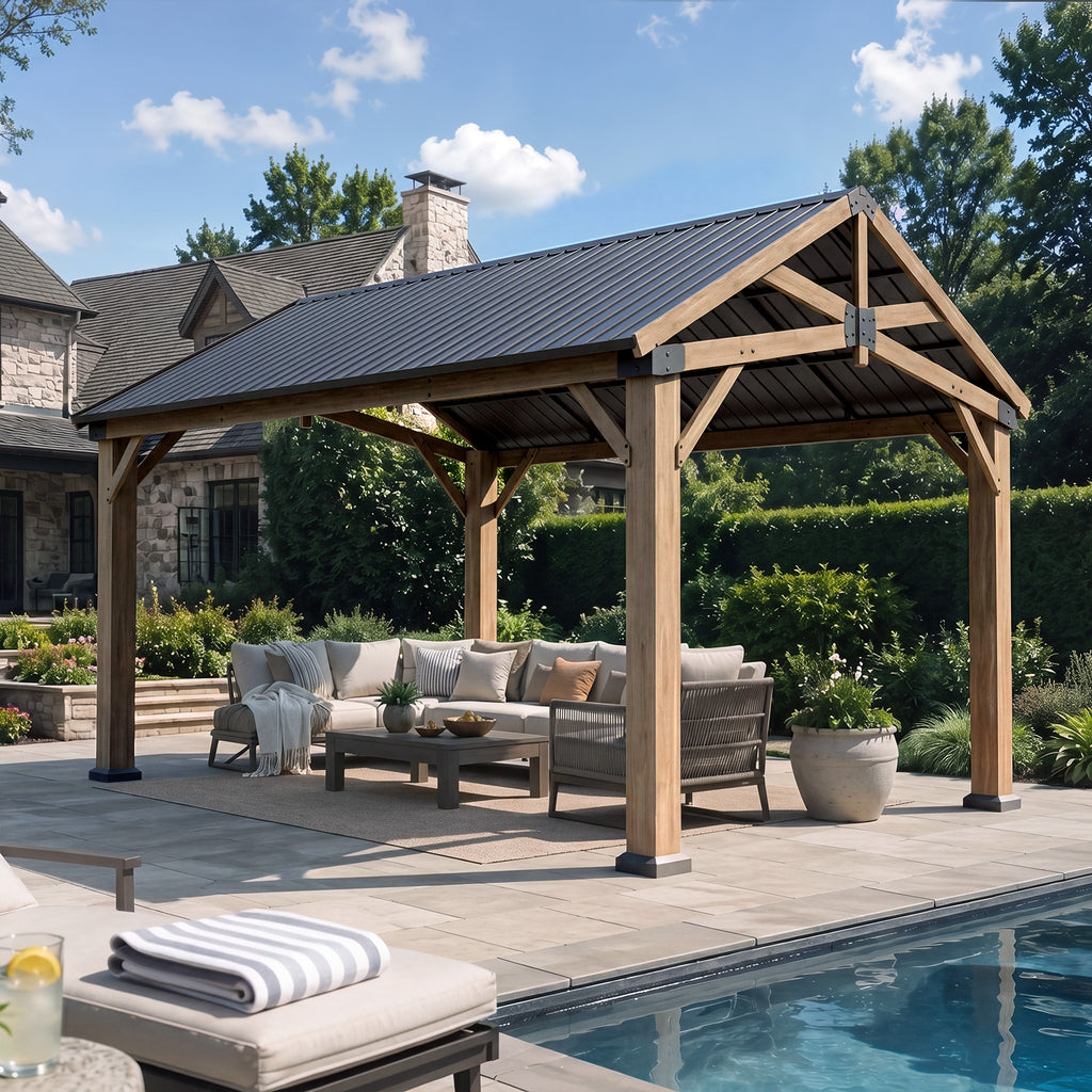 Wood Gazebo 12x16 Hardtop Gazebo with Gable Roof & Power Outlet Cedar Wood Permanent Pavilion with 4.7" Thickened Posts & Sturdy Hooks, Heavy Duty Outdoor Gazebo for Backyard, Garden, Deck