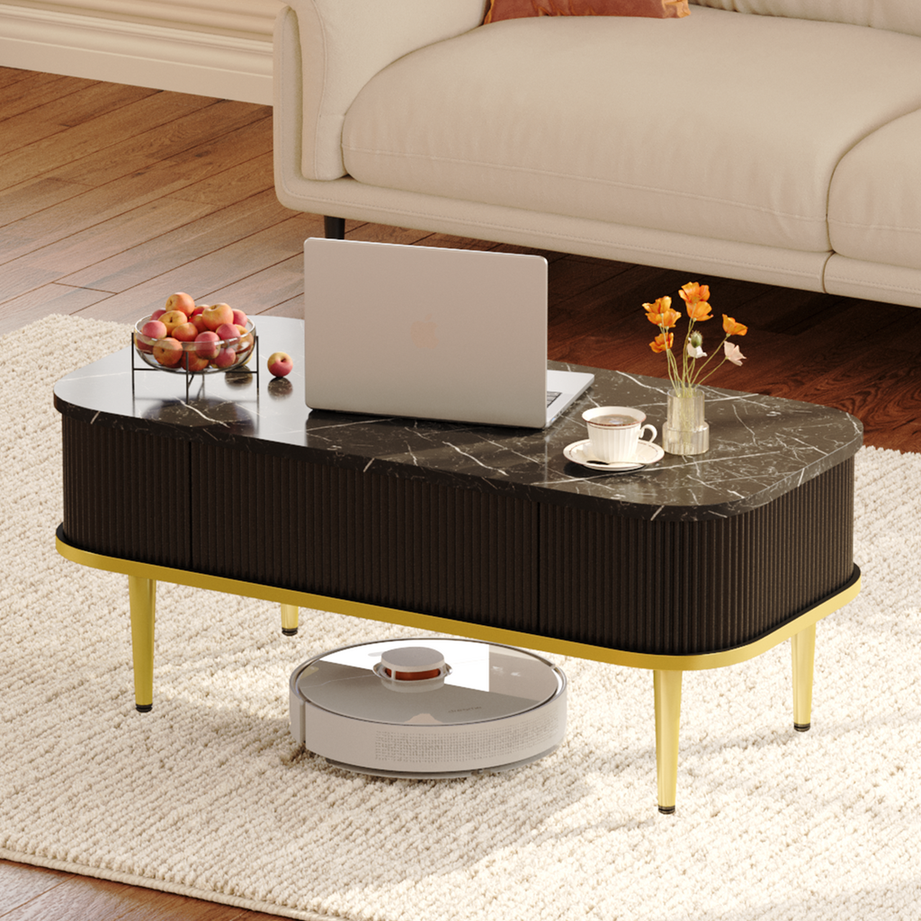 Rectangle Coffee Tables for Living Room,Modern Fluted Coffee Table with Storage, Small Coffee Table, Oval Center Table with Faux Marble Flip-Top