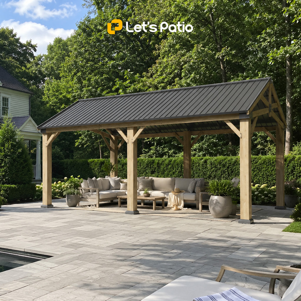 LET'S PATIO Wood Gazebo 12x20 Hardtop Gazebo with Gable Roof & Power Outlet Cedar Wood Permanent Pavilion with 4.7" Thickened Posts & Sturdy Hooks, Heavy Duty Outdoor Gazebo for Backyard, Garden, Deck