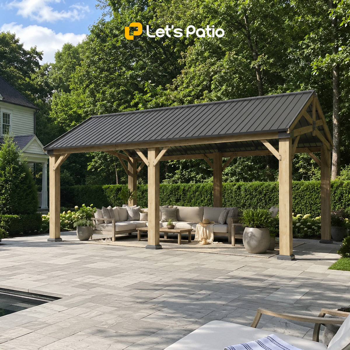 LET'S PATIO Wood Gazebo 12x20 Hardtop Gazebo with Gable Roof & Power Outlet Cedar Wood Permanent Pavilion with 4.7" Thickened Posts & Sturdy Hooks, Heavy Duty Outdoor Gazebo for Backyard, Garden, Deck
