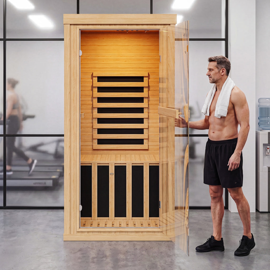Breezestival 1 Person Infrared Dry Sauna, Canadian Hemlock Wood Indoor Home Spa Sauna Room with Speakers, Tempered Glass Door, 149°F Max, 32.3"x32.3"x61.6"