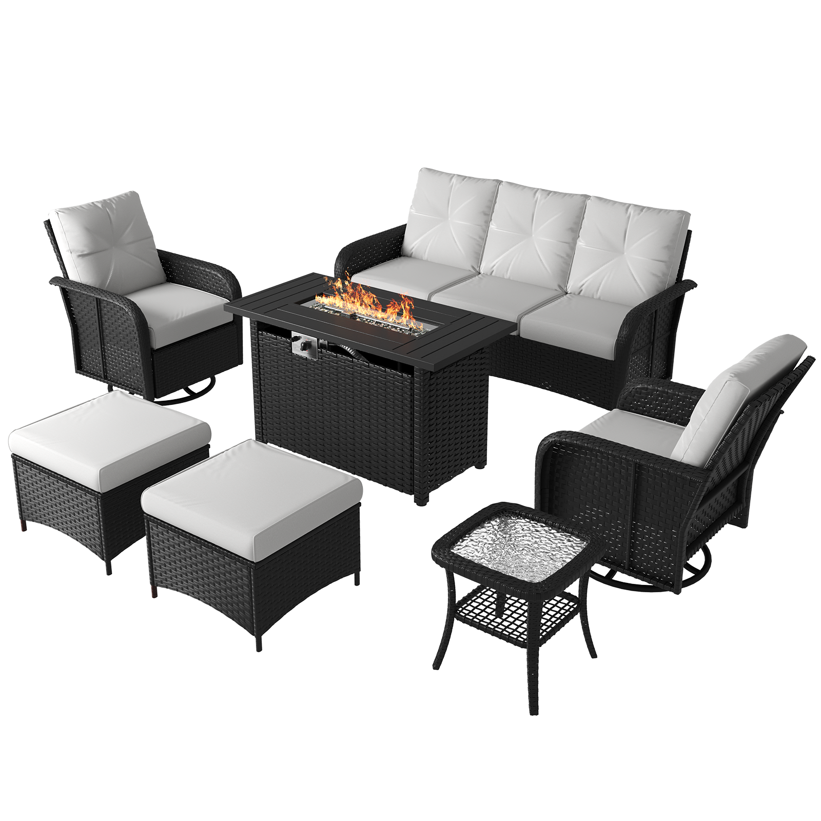 LazySunsets 7 Piece Outdoor Patio Furniture Set with Coffee Table, Wicker Rattan Outdoor Furniture with High Back Swivel Rocker Chairs, Outdoor Conversation Sets with Thick Cushions & Ottoman