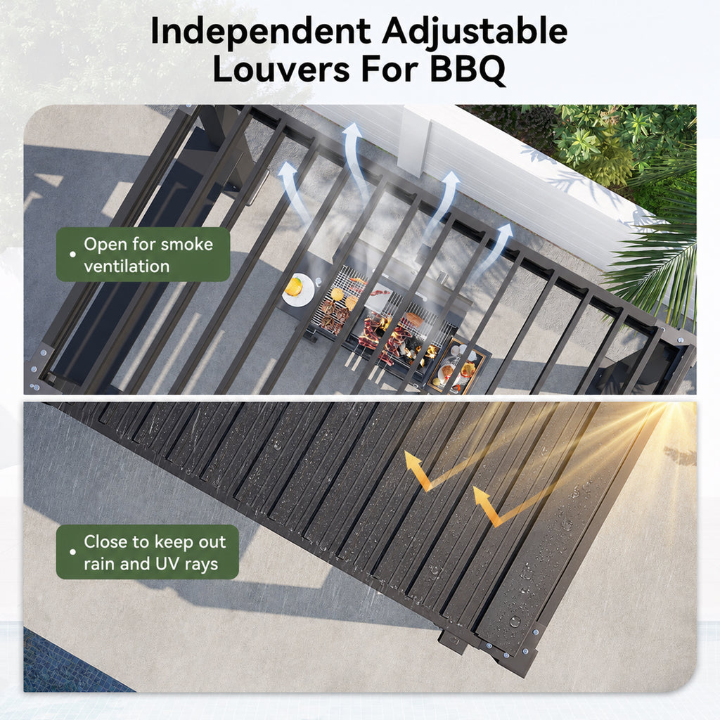 Aoxun 8x5 Grill Pergola, Louvered Pergola with 2 Side Shelves, Gray，Adjustable Louvered Roof 0-90° | Hidden Drainage System | Galvanized Steel Frame | Outdoor BBQ Station | 3.8" Thick Posts