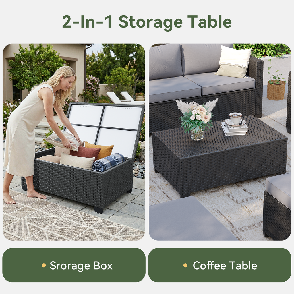 Aoxun Patio Furniture Set with Fire Pit Table, 6 Seats Outdoor Furniture Set with Wicker Ottomans, Rattan Outdoor Sectional Sofa with Thickened Cushion & Waterproof Cover Navy Blue