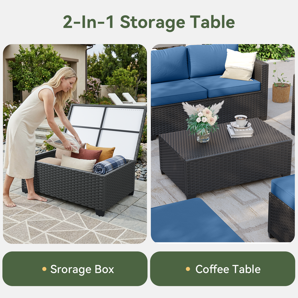 Aoxun Patio Furniture Set with Fire Pit Table, 6 Seats Outdoor Furniture Set with Wicker Ottomans, Rattan Outdoor Sectional Sofa with Thickened Cushion & Waterproof Cover Navy Blue