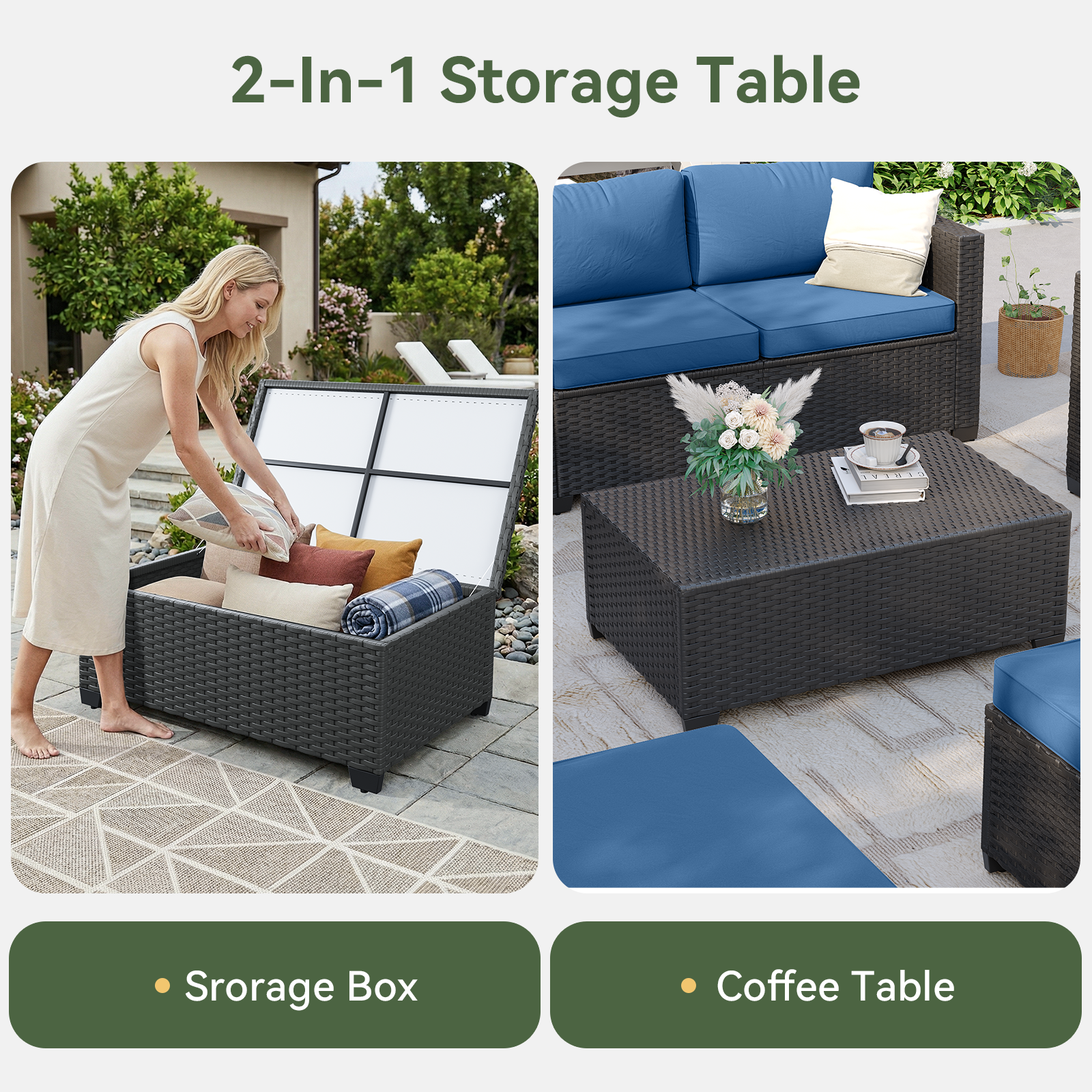 Aoxun Patio Furniture Set with Fire Pit Table, 6 Seats Outdoor Furniture Set with Wicker Ottomans, Rattan Outdoor Sectional Sofa with Thickened Cushion & Waterproof Cover Navy Blue