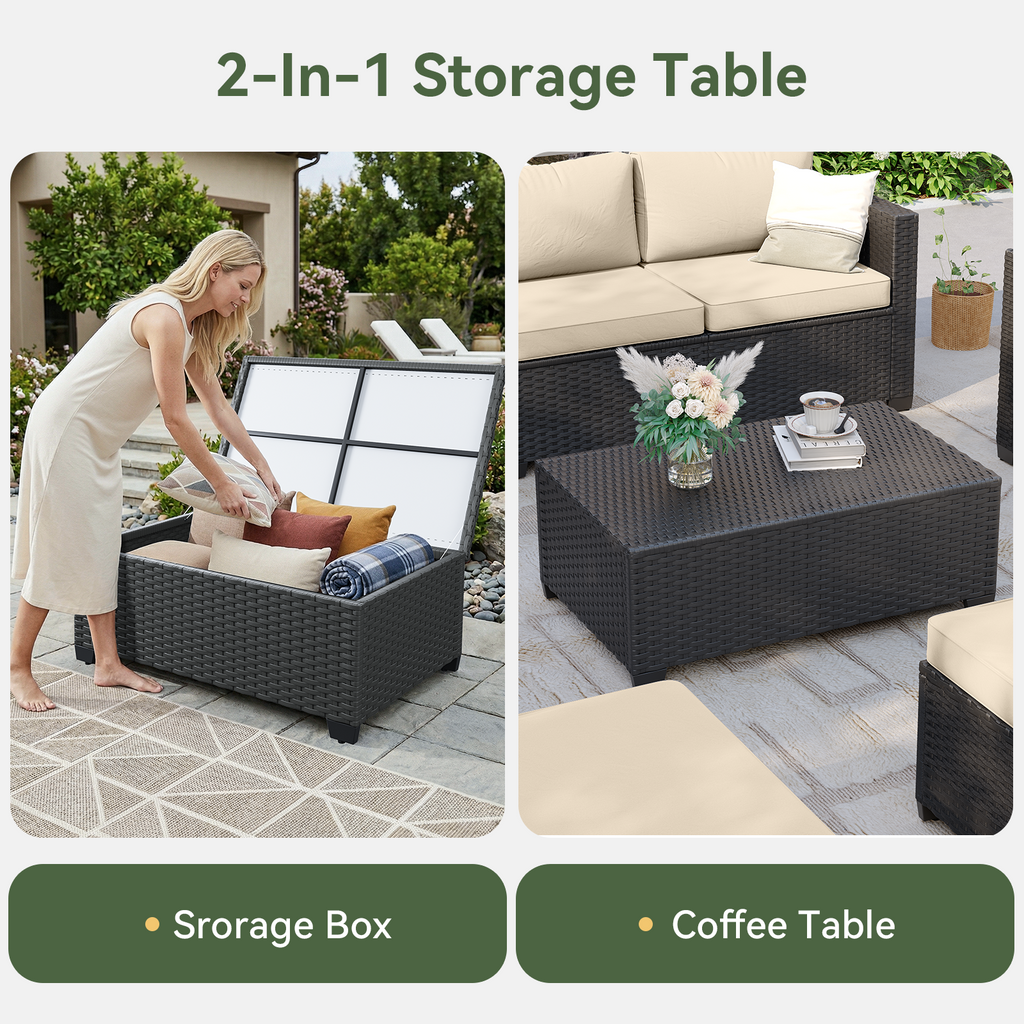 Aoxun Patio Furniture Set with Fire Pit Table, 6 Seats Outdoor Furniture Set with Wicker Ottomans, Rattan Outdoor Sectional Sofa with Thickened Cushion & Waterproof Cover Navy Blue