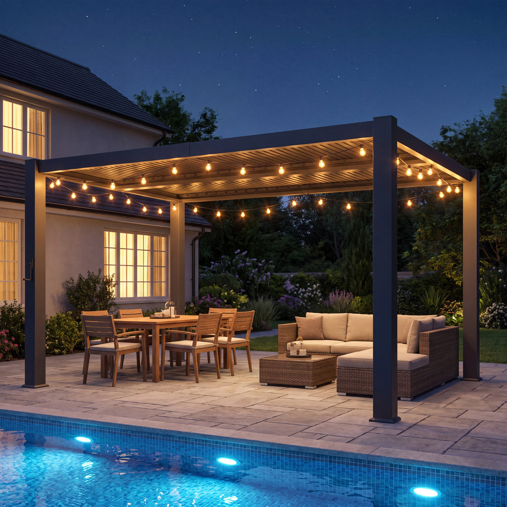 Aoxun Louvered Pergola 10x12, 3.8"x3.8" Thickened Posts with String Lights