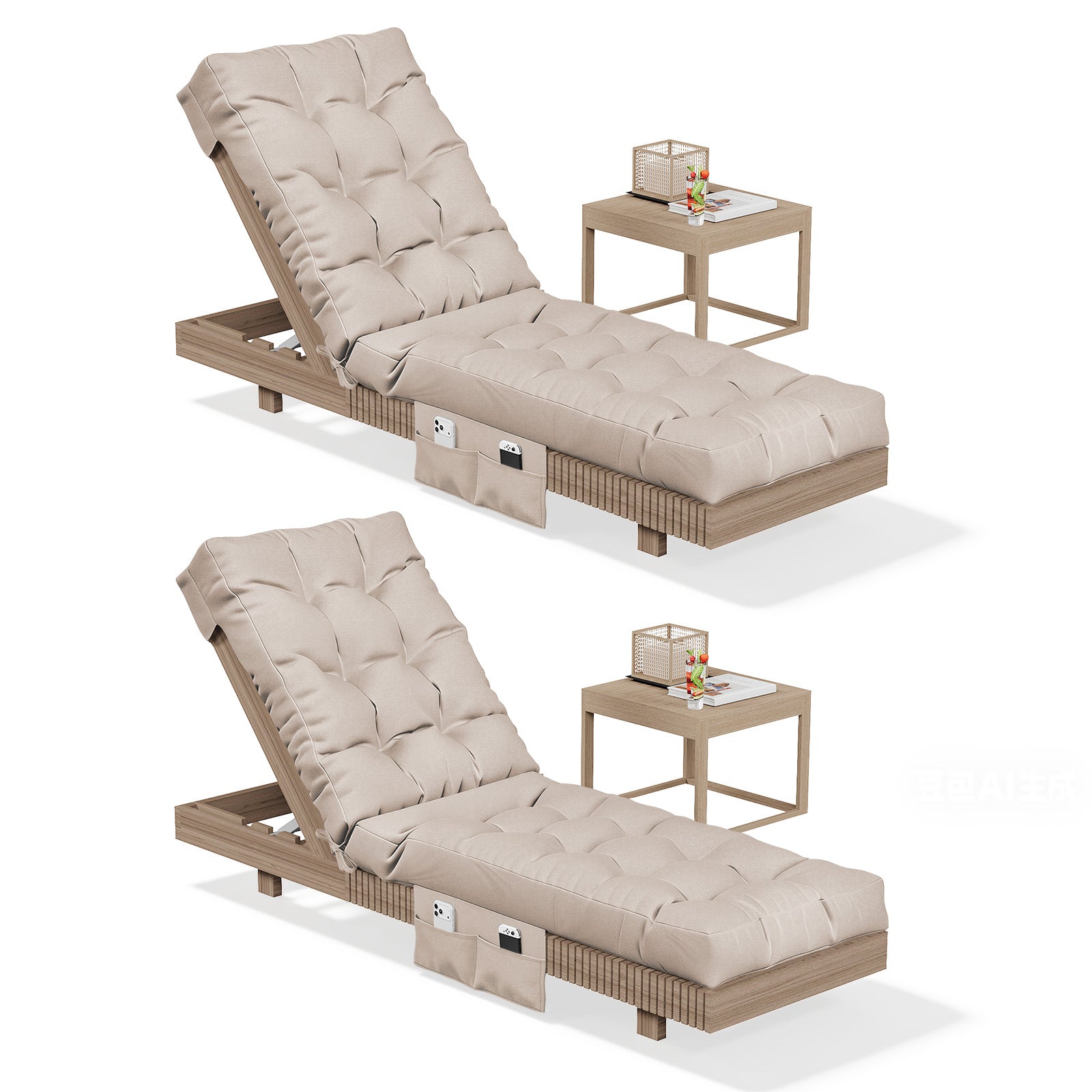 Aoxun Outdoor Chaise Lounge Cushions with Storage Pocket, Waterproof Replacement Patio Lounge Chair Cushion with Ties, Thick Pool Lounger Chair Cushions for Outdoor Furniture