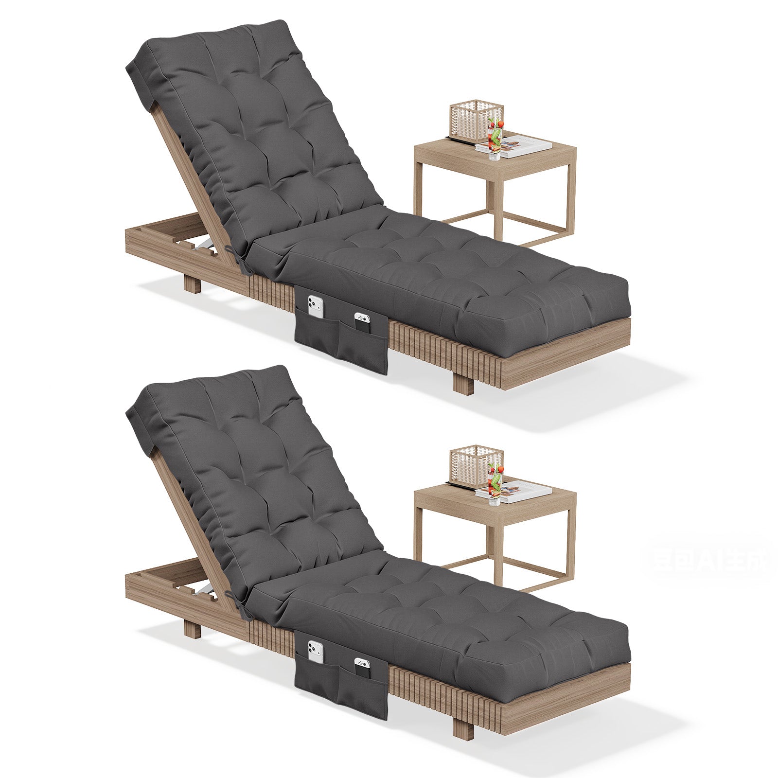 Aoxun Outdoor Chaise Lounge Cushions with Storage Pocket, Waterproof Replacement Patio Lounge Chair Cushion with Ties, Thick Pool Lounger Chair Cushions for Outdoor Furniture