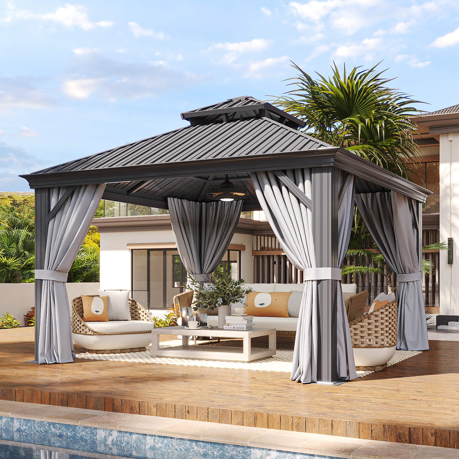 LET'S PATIO 12' x 16' Hardtop Gazebo, Permanent Aluminum Gazebo with Galvanized Steel Double Roof and Drainage System, Outdoor Metal Pavilion with Curtains and Netting for Patio, Deck and Lawn, Gray