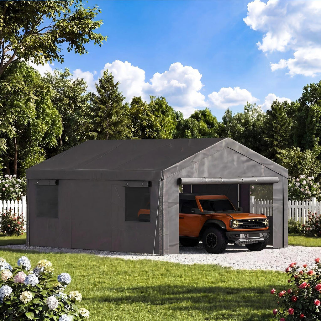 Aoxun Carport 12X20 ft Heavy Duty Carport with Roll-up Windows, Portable Garage Car Canopy with Removable Sidewalls & Doors for Car, Truck, SUV, Boat, Grey