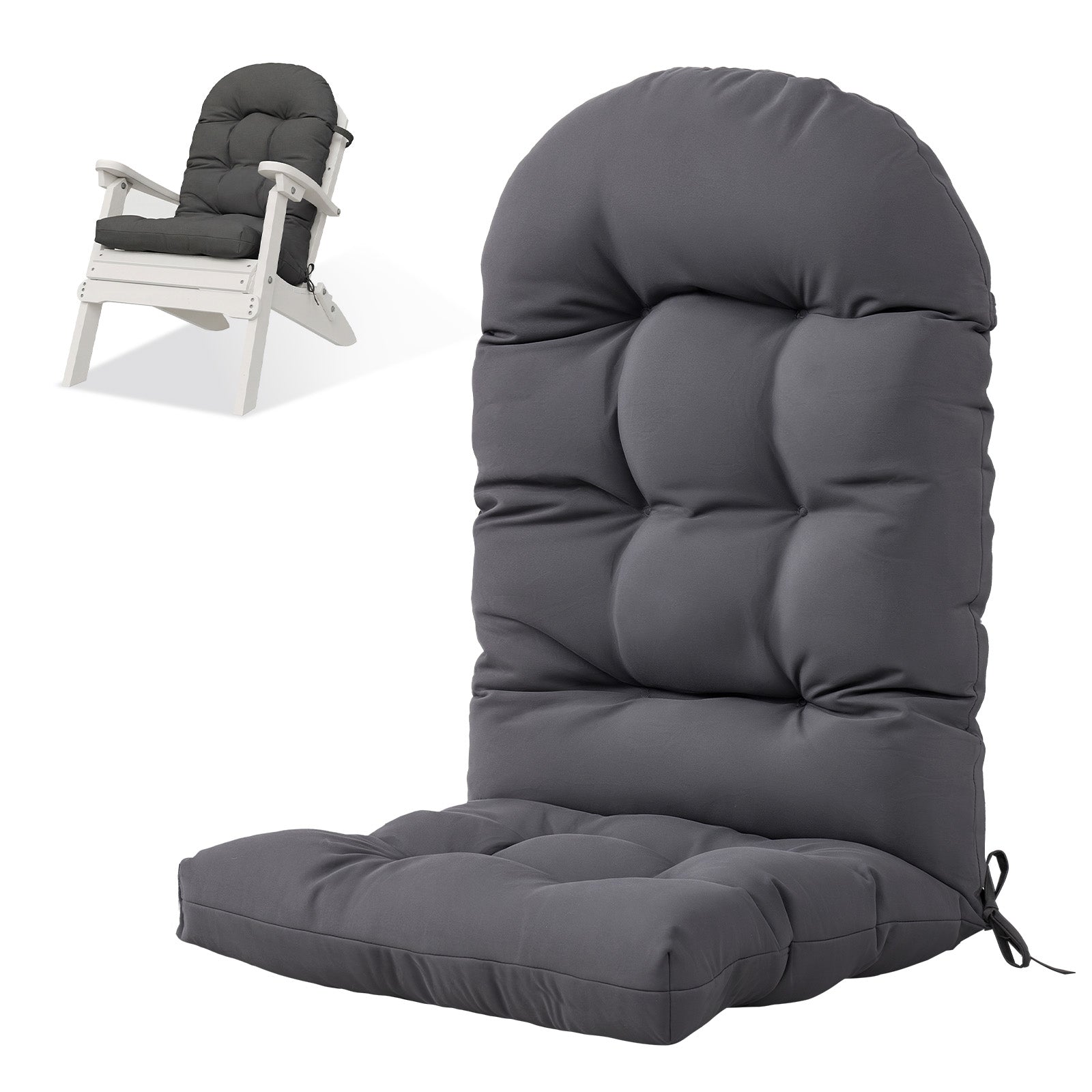 Aoxun Adirondack Chair Cushion, Indoor/Outdoor Rocking Chair Cushion with Ties, Thickened High Back Patio Chair Cushions with High Elasticity PP Cotton Water-Resistant, 2-Pack, Grey