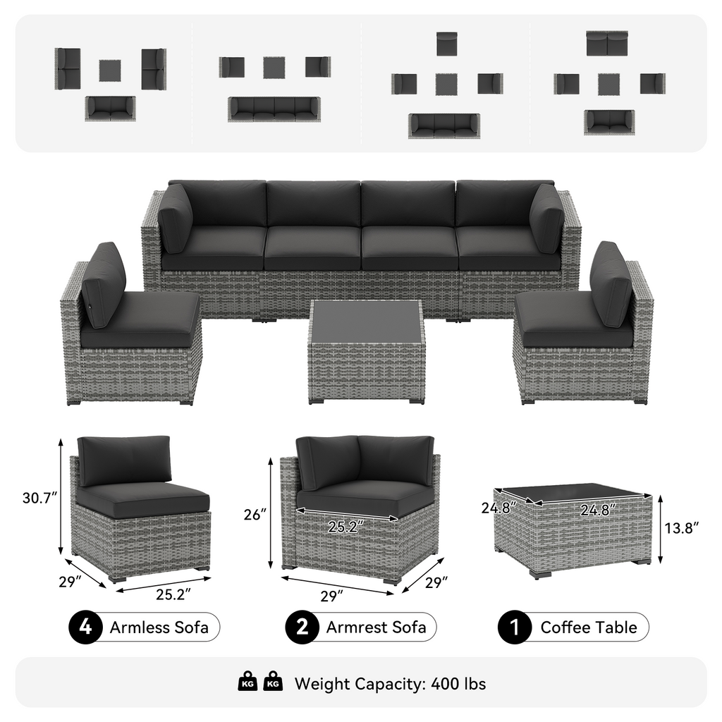 LazySunsets 7-Piece Patio Furniture Set, Wicker Rattan Outdoor Furniture with Thick Cushions, Patio Conversation Sets with Coffee Table, Outdoor Sectional Couch Sofa with Waterproof Cover