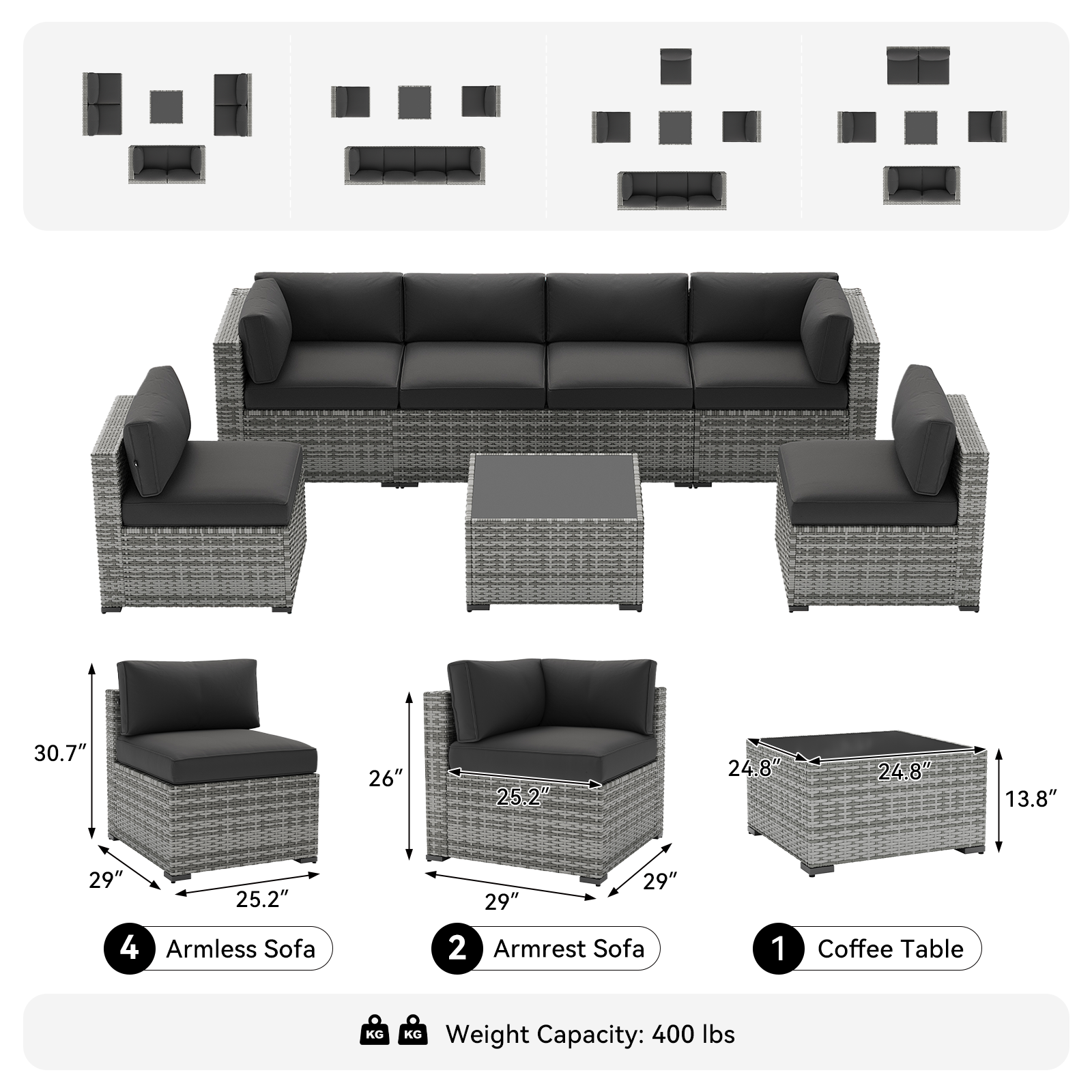 LazySunsets 7-Piece Patio Furniture Set, Wicker Rattan Outdoor Furniture with Thick Cushions, Patio Conversation Sets with Coffee Table, Outdoor Sectional Couch Sofa with Waterproof Cover