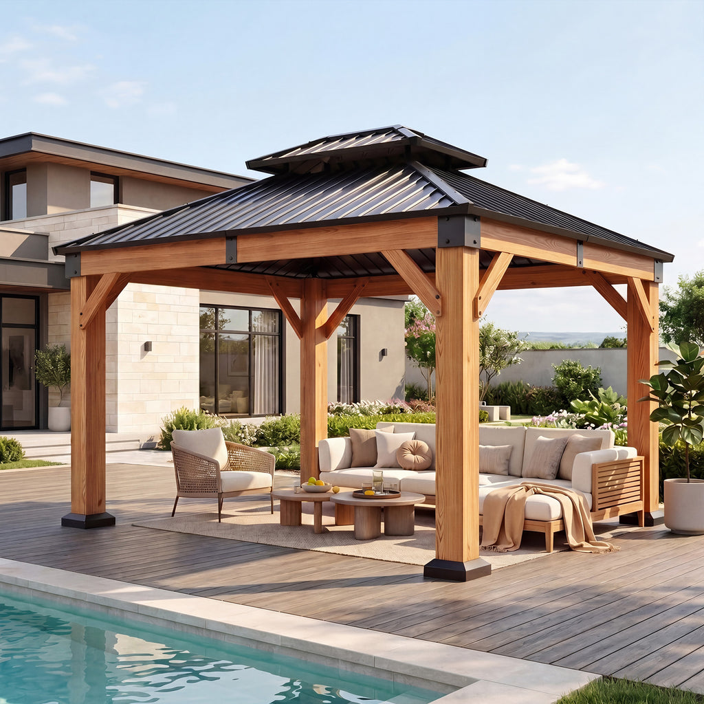 LazySunsets Wood Gazebo, Hardtop Gazebo, Steel Double Roof, 10x12, Natural