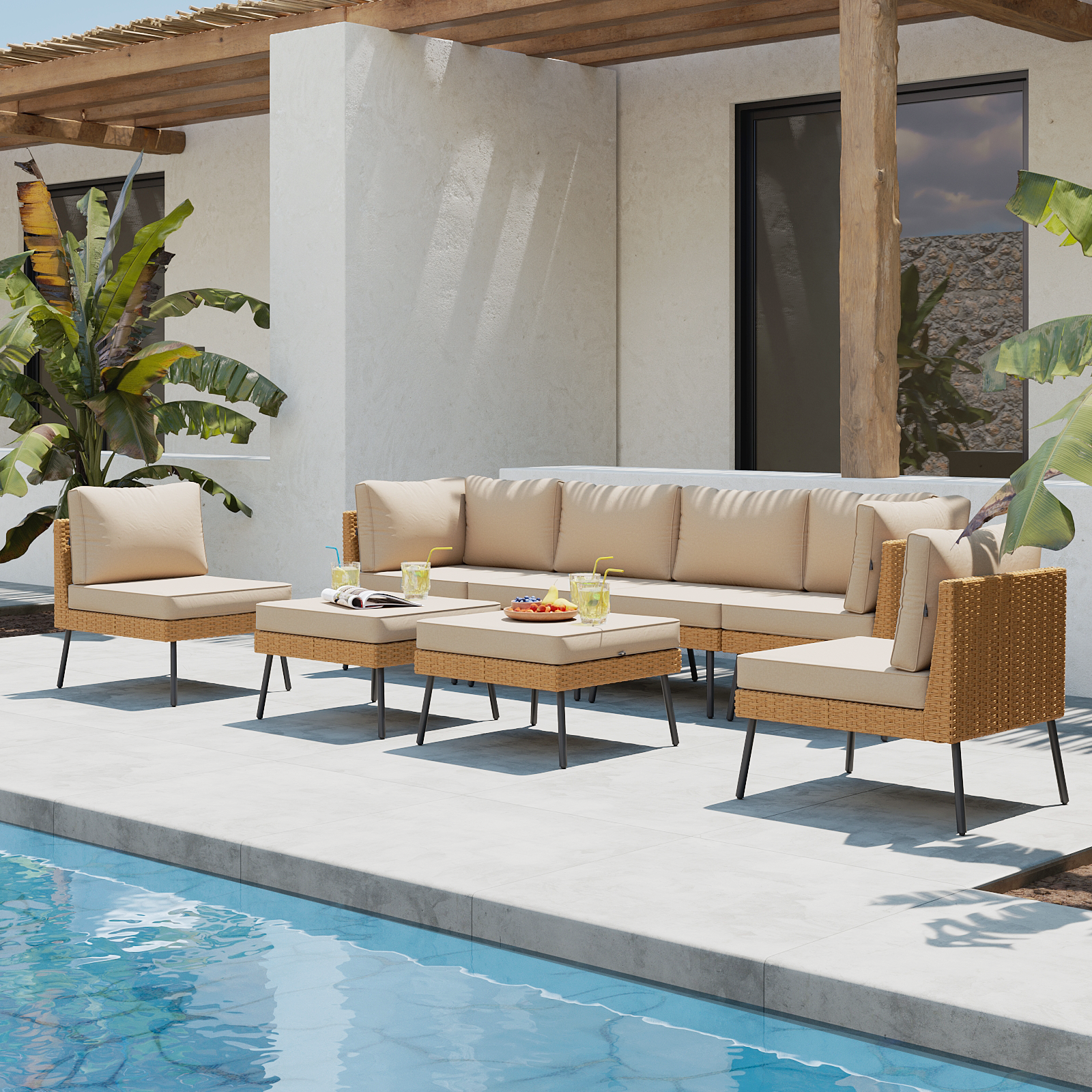Aoxun 8 Piece Patio Furniture Set, 8 Seats Outdoor Sectional Sofas with Thick Cushion, Wicker Outdoor Patio Furniture Set with Ottomans for Party, Garden, Backyard