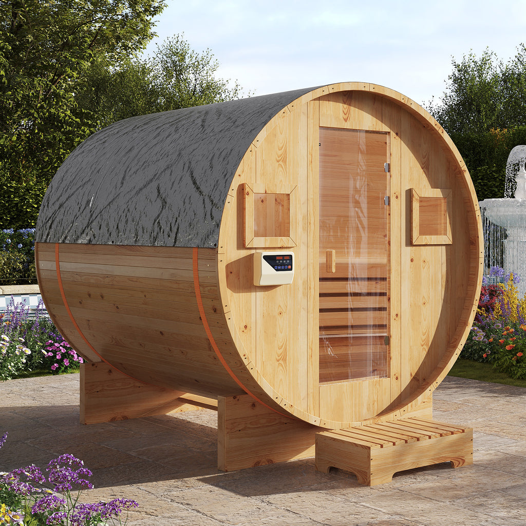 Aoxun Outdoor Barrel Sauna, 4-6 Person Tradition Wood Dry＆Steam Sauna with Sauna Stone, 220V/6KW Electric Heater