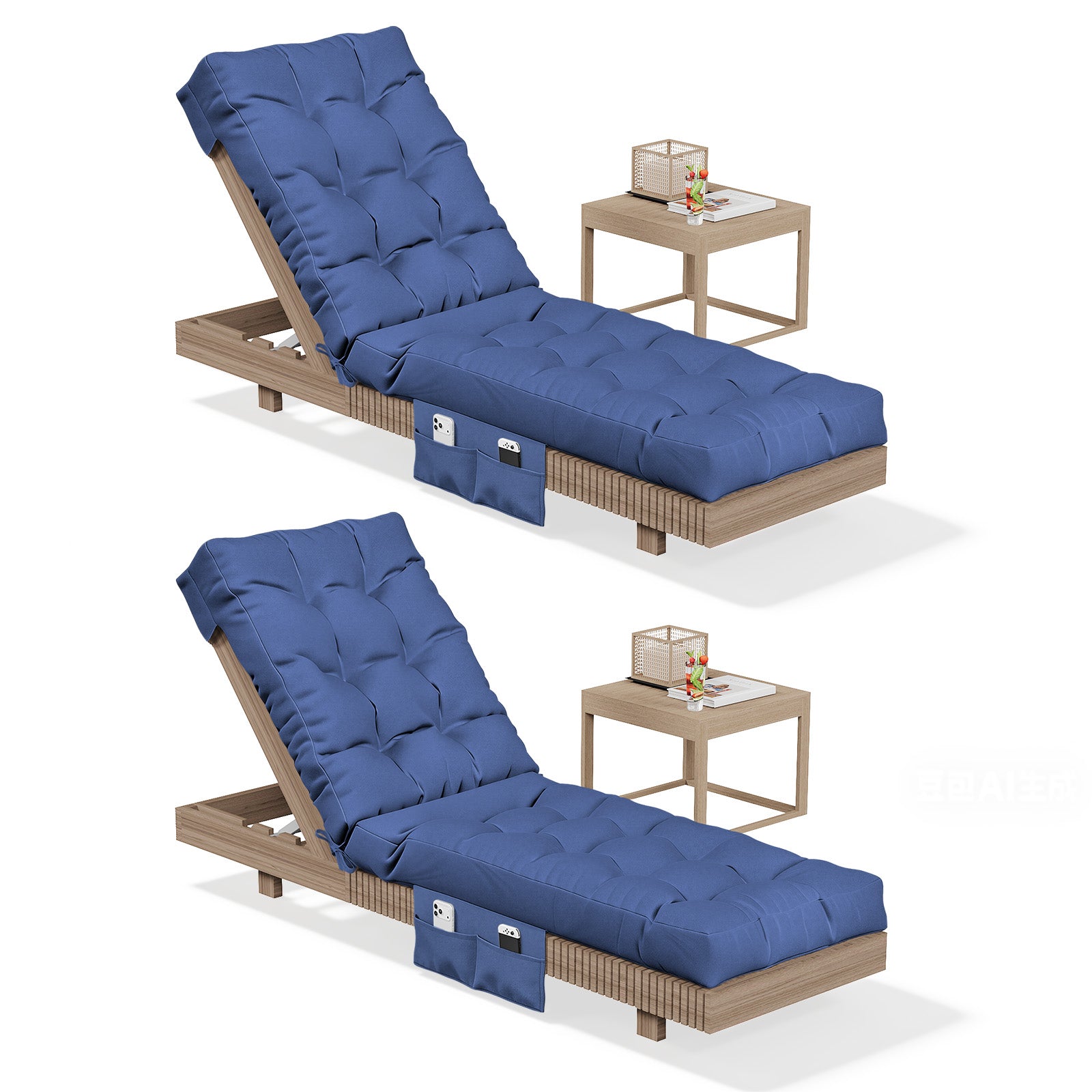 Aoxun Outdoor Chaise Lounge Cushions with Storage Pocket, Waterproof Replacement Patio Lounge Chair Cushion with Ties, Thick Pool Lounger Chair Cushions for Outdoor Furniture