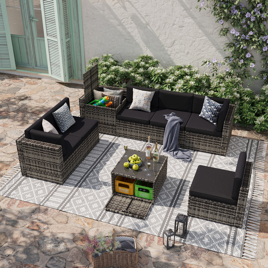 Aoxun 8 Piece Patio Furniture Set, Wicker Rattan Outdoor Furniture with Large Storage Table, Patio Conversation Sets with Waterproof Cover, Outdoor Sectional Sofa for Backyard