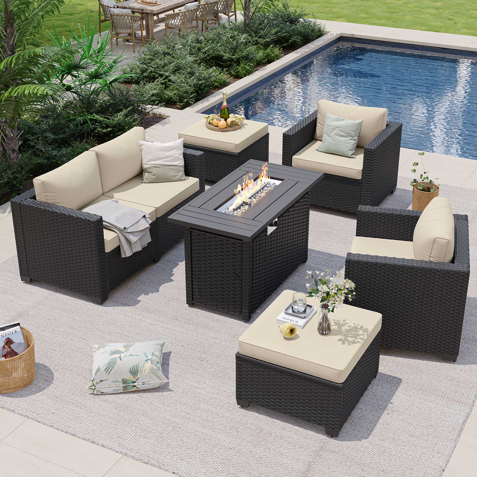 Aoxun Patio Furniture Set with Fire Pit Table, 6 Seats Outdoor Furniture Set with Wicker Ottomans, Rattan Outdoor Sectional Sofa with Thickened Cushion & Waterproof Cover Navy Blue