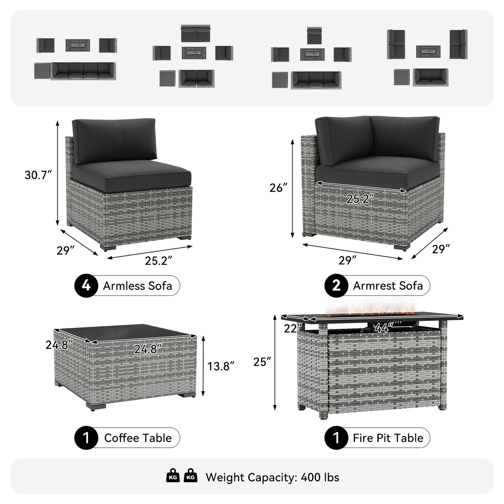 LazySunsets 7-Piece Patio Furniture Set, Wicker Rattan Outdoor Furniture with Thick Cushions, Patio Conversation Sets with Coffee Table, Outdoor Sectional Couch Sofa with Waterproof Cover