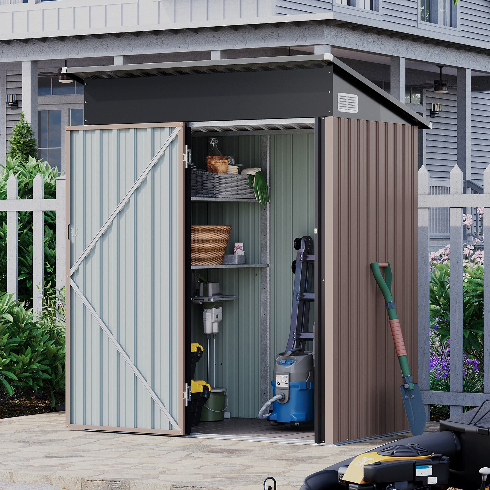 Aoxun 5x3 Ft Outdoor Storage Cabinet - Waterproof Storage Shed with Floor, Small Metal Garden Shed with Lockable Doors & Slooping Roof for Backyard, Patio, Poolside, Brown