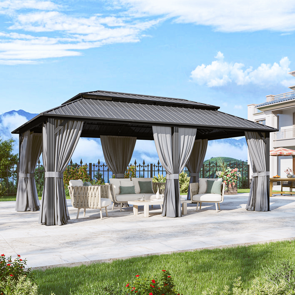 BinpLax 20x12FT Outdoor Gazebo - Hardtop Pergolas for Patios with Curtains and Netting Included, Permanent Gazebo Pavilion with Double Galvanized Steel Roof for Party, Outdoor Dining, Wedding, Gray