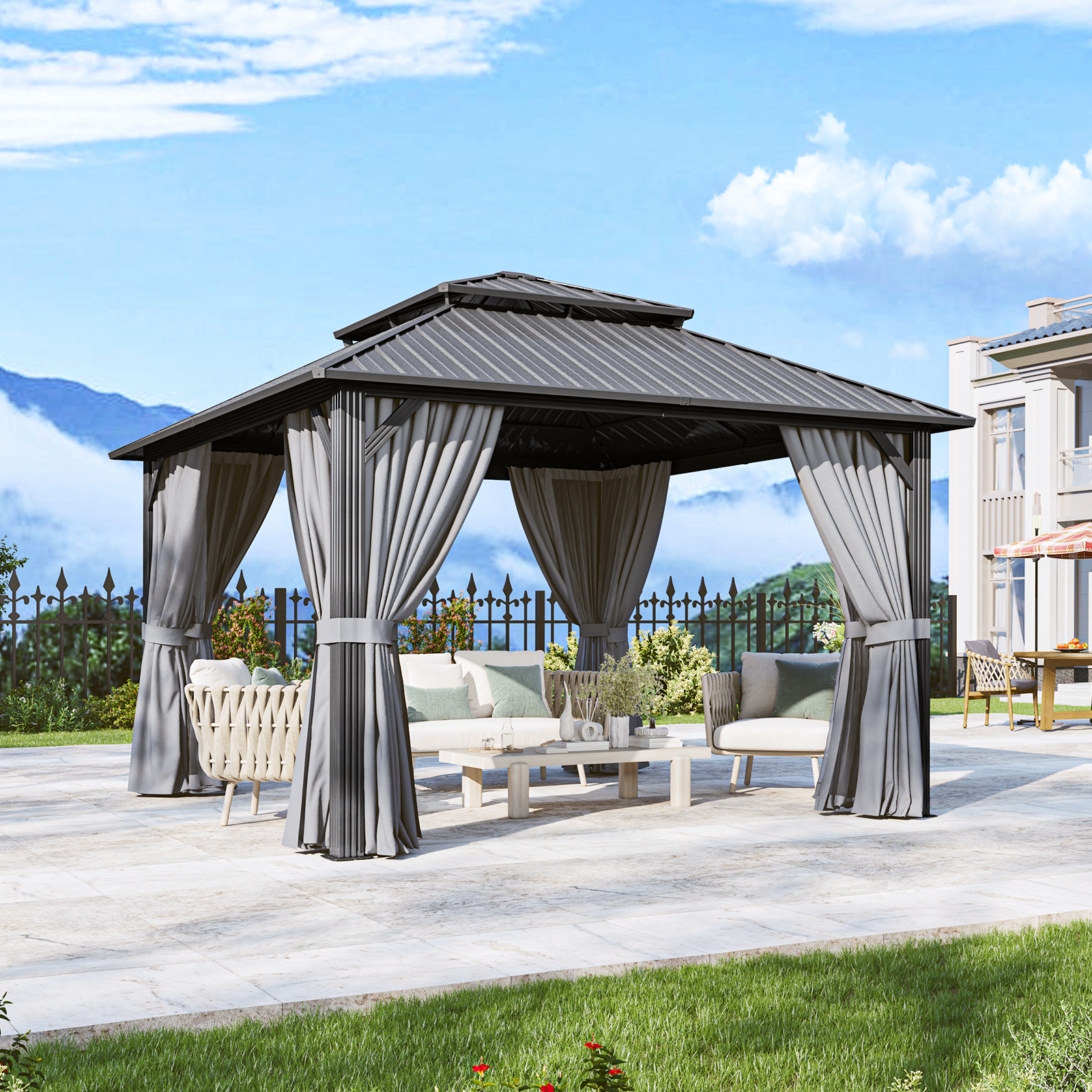 BinpLax 12x12FT Outdoor Gazebo - Hardtop Pergolas for Patios with Curtains and Netting Included, Permanent Gazebo Pavilion with Double Galvanized Steel Roof for Party, Outdoor Dining, Wedding, Gray